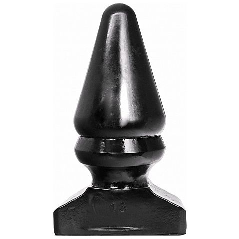 Plug anal triangulaire All Black vu de face, corps en ogive a gradins et base trapeze de 18 cm tres large, format de 30 cm conçu pour une ouverture extreme maitrisee.