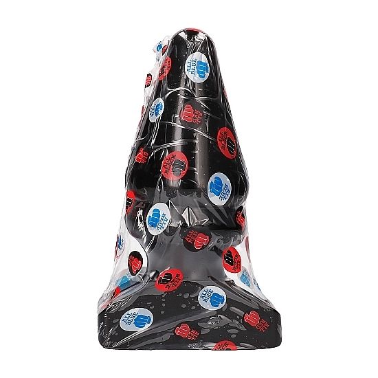 Plug anal triangulaire All Black sous film plastique a pastilles, silhouette en ogive etagee et large base devinee, silicone et PVC noir de 30 cm pour pratiquants avances.