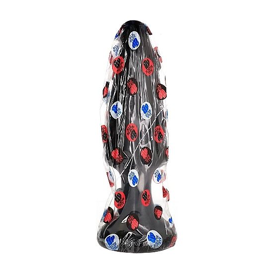 Plug anal All Black 35 cm en PVC, variante decorative noire mouchetee de paillettes rouges et bleues, profil allonge pour un etirement anal progressif des pratiquants avances.