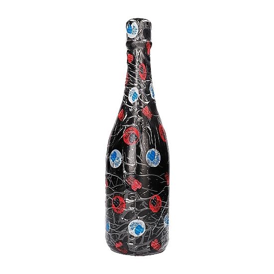 Plug bouteille de champagne All Black 39,5 cm, variante decorative noire constellee de paillettes rouges et bleues, goulot fin puis epaule large pour une sensation unique etanche.