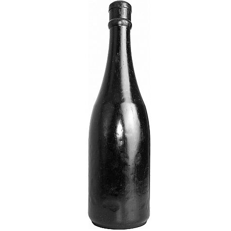 Plug anal bouteille de champagne noire All Black, 39,5 cm en PVC etanche, vue de profil sur le goulot effile et l epaule large pour une dilatation anale extreme et profonde.