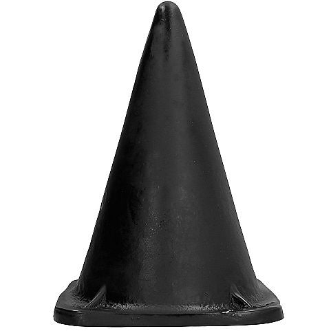 Plug anal triangulaire All Black 30 cm, cone noir lisse a pointe fine et base de 18 cm, vue de face sur sa silhouette geante pensee pour un etirement progressif maitrise.