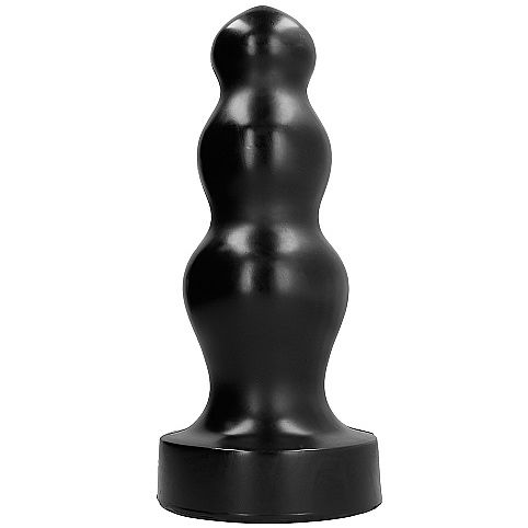 Plug anal All Black 38 cm en PVC noir, vue de face sur sa silhouette a billes superposees decroissantes, base large stable pour une dilatation anale progressive et profonde.