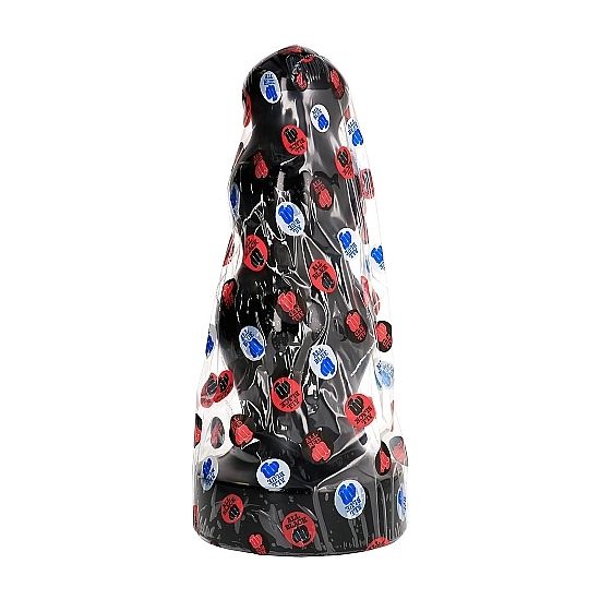 Plug anal All Black 38 cm en PVC, variante decorative noire mouchetee de paillettes rouges et bleues, forme conique a renflements pour un etirement anal progressif extreme.