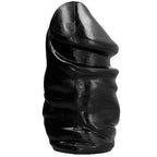 Dong veine All Black 19 cm en PVC souple noir, vue de profil sur sa forme pénienne realiste a relief de veines et de plis, polyvalent pour un usage anal ou vaginal.