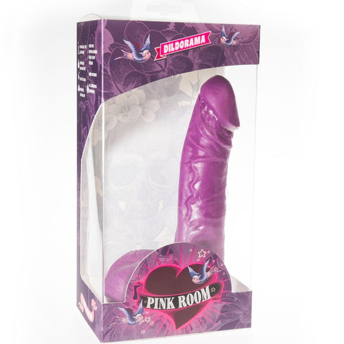 Boite Pink Room du gode realiste fin Eban violet de 19 cm, fenetre transparente montrant le modele veine elance a ventouse, packaging Dildorama violet de face.