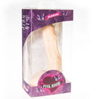 Boite Pink Room du gode realiste long Nilo chair de 23 cm, fenetre laissant voir le modele veine elance a ventouse en PVC, emballage Dildorama violet de face.
