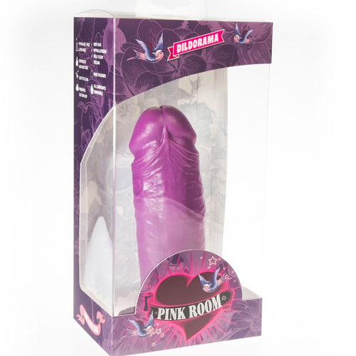 Boite Pink Room du gode realiste souple Dael violet de 18,5 cm, fenetre montrant le modele veine a ventouse au toucher souple, packaging Dildorama violet de face.