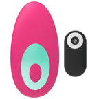 Vibromasseur Panty Vibe rose vu de face, panneau tactile turquoise ovale avec bouton de vibration, télécommande noire à côté