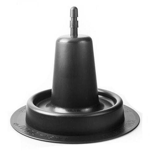 Base ventouse mains libres Hung System noire, vue en plongee sur le socle a forte aspiration et l'embout a vis pour transformer un gode modulable en accessoire fixe.