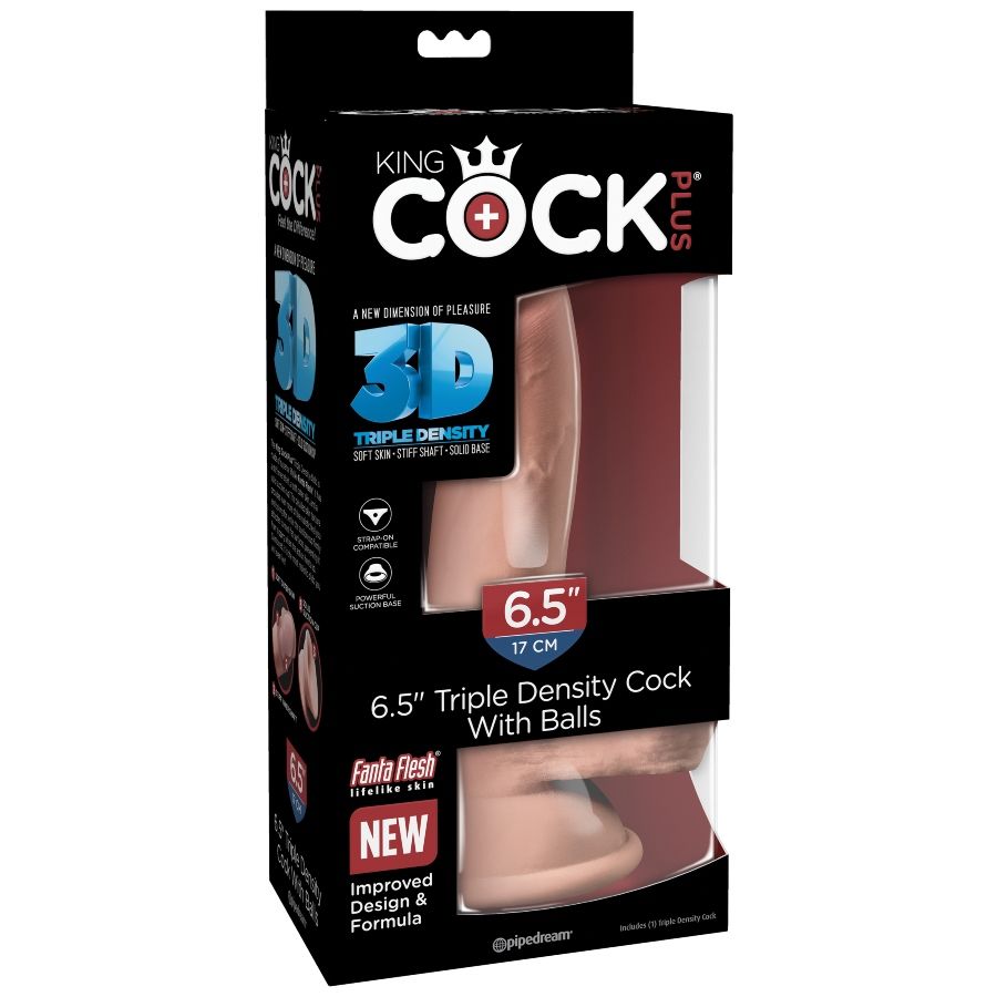 Boite King Cock Plus 3D Triple Density 6,5 pouces avec testicules présentant le gode réaliste couleur chair, packaging noir et bleu avec vignette du produit.