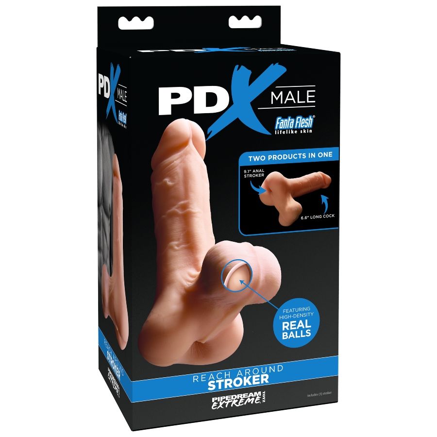 Packaging PDX Male Reach Around Stroker, boîte noire et bleue
