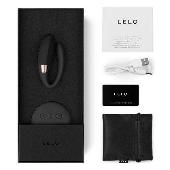 Œuf vibrant Lyla 2 de Lelo noir dans son écrin avec le manuel, le câble USB, la carte de garantie et la pochette satinée de rangement, set complet.