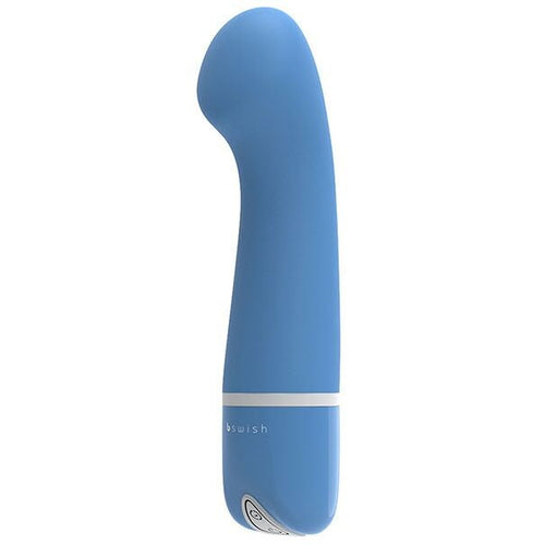 Stimulateur point G Bdesired Deluxe Curve bleu, corps galbé en silicone et tête recourbée. Vue de face de la baguette lisse à bague argentée, coloris bleu franc uniforme.