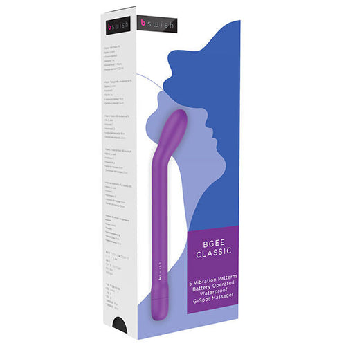 Boîte Bgee Classic blanche et bleue à gauche, vibromasseur point G violet fin et courbé à droite. Packaging G-spot massager à silhouette de profil, produit lisse élancé.