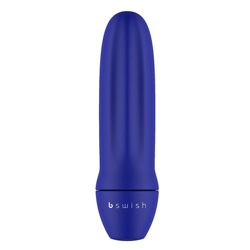 Mini vibromasseur Bmine Classic bleu marine, petit corps cylindrique lisse en ABS et base bswish. Vue de face du format compact non poreux, surface satinée uniforme.