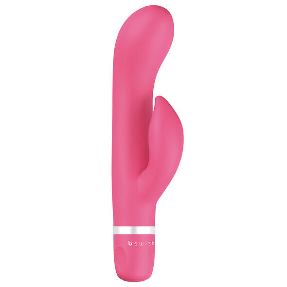 Mini vibromasseur rabbit Bwild Classic corail de face, tige courte à oreilles externes et bague blanche. Corps compact en silicone lisse, double moteur, coloris rose orangé.