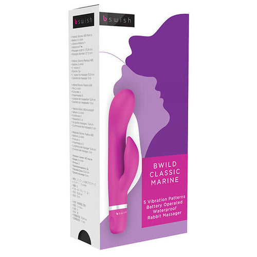 Boîte Bwild Classic Marine violette à gauche, mini rabbit fuchsia à droite. Packaging à silhouette de profil listant les 5 motifs et rabbit massager, présentation marchande.