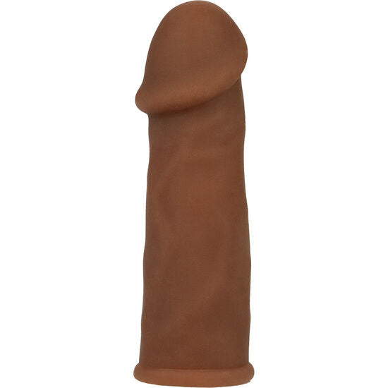 Gaine pénienne Couvre-pénis en TPR ton caramel, 14 cm, vue de face montrant la texture lisse et l'extension de longueur et d'épaisseur pour le couple.