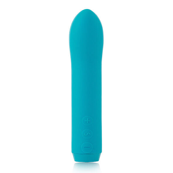Bullet Vita bleu turquoise vu de face debout, tige élancée en silicone mat à embout bombé, lignes épurées et minimalistes, objet discret signé Je Joue.