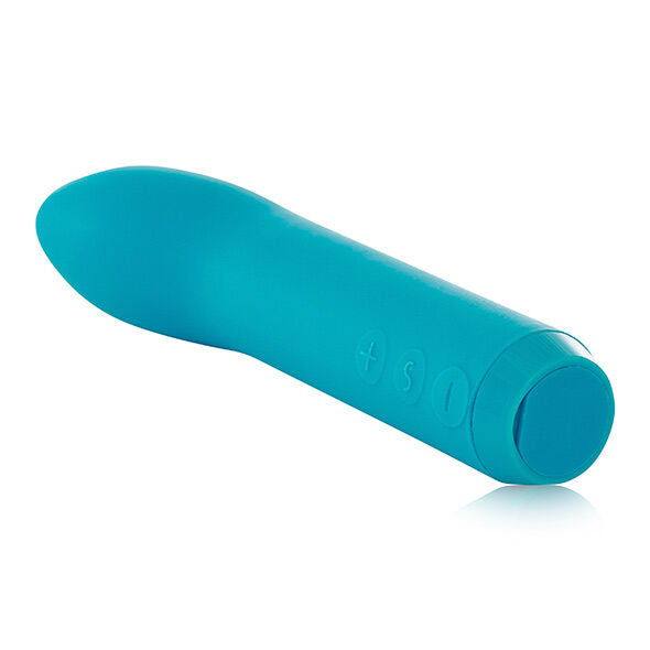 Vibromasseur Vita bleu turquoise couché de profil, corps lisse en silicone et base brillante à commandes plus, S et moins, accessoire compact sur fond blanc.