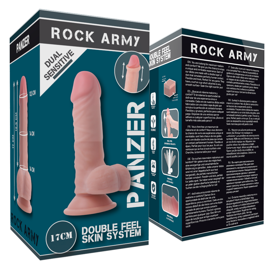Boite Rock Army Panzer 17 cm posee pres du visuel gode realiste double densite, systeme Double Feel Skin. Packaging du modele TPE couleur naturelle a base ventouse stable.