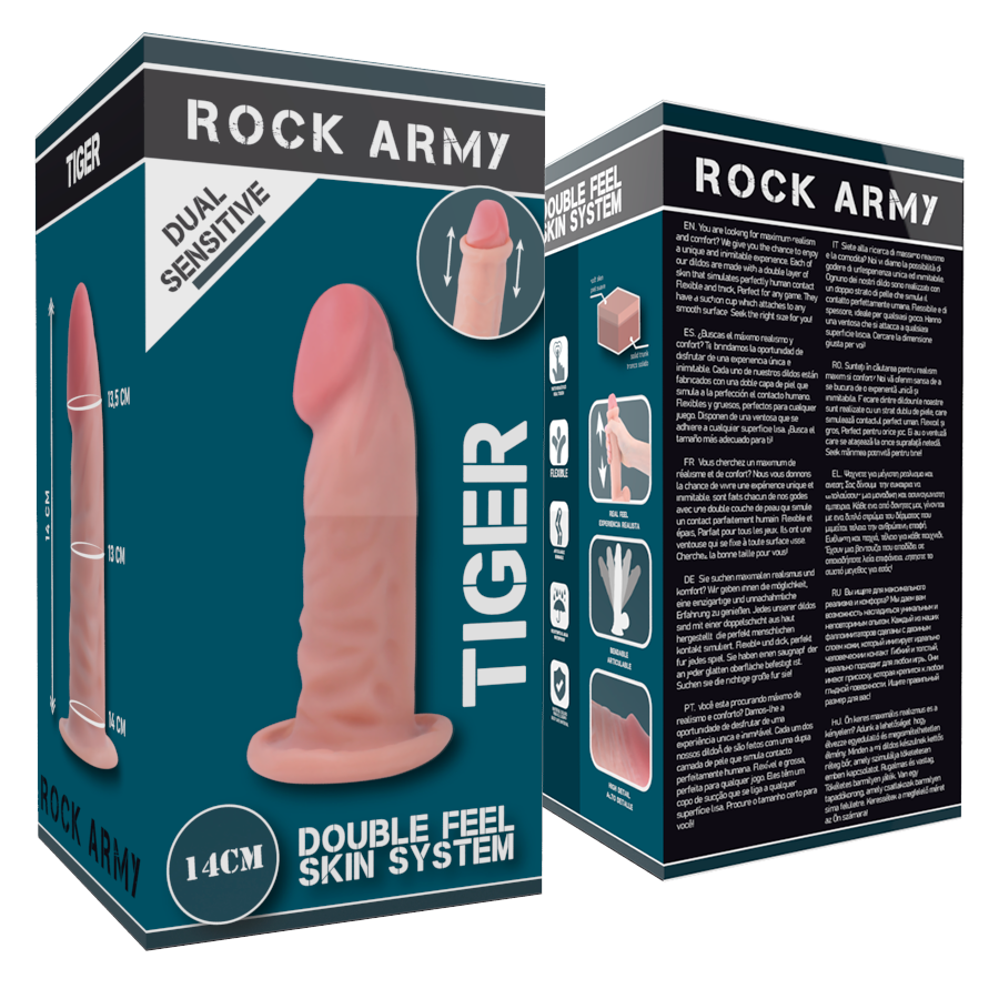 Boite Rock Army Tiger 14 cm, visuel produit gode realiste double densite et systeme Double Feel Skin. Packaging du modele compact TPE 50% bodysafe etanche compatible harnais.