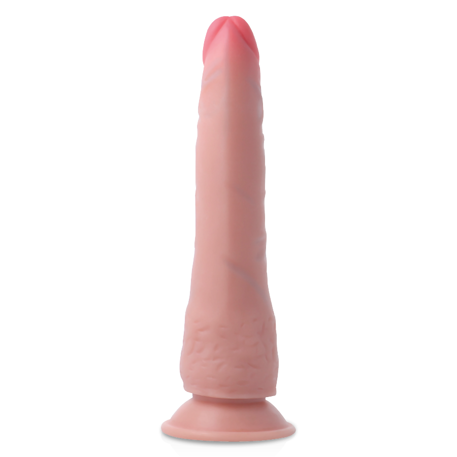 Gode realiste Crusader vu de face, fut effile veine et gland marque sur base ventouse. TPE double densite 21,5 cm etanche IPX7, compatible harnais pour penetration vaginale et anale.