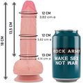 Schema du gode Mustang 18 cm compare a une canette, diametres 3,82 a 4,14 cm, gland et testicules moules. Silicone double densite etanche a base ventouse pour usage vaginal et anal.