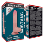 Boite Rock Army Mustang Liquid Silicone 18 cm, visuel gode realiste avec gland et testicules. Packaging du modele silicone double densite etanche a base ventouse pour usage vaginal et anal.