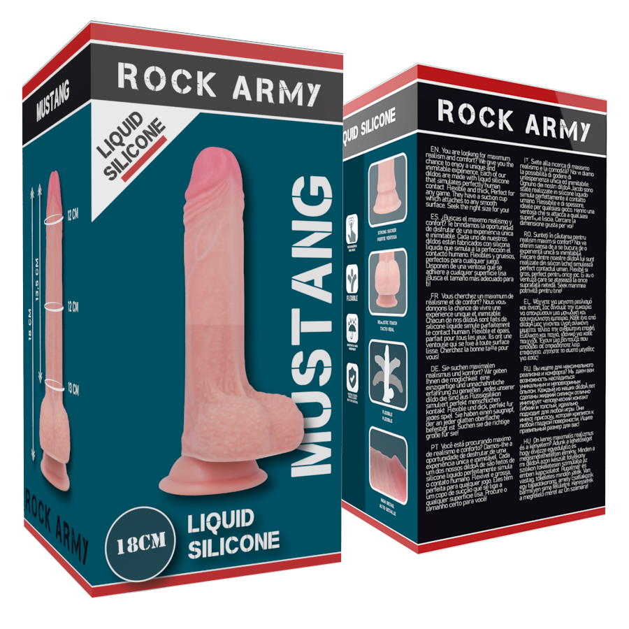 Boite Rock Army Mustang Liquid Silicone 18 cm, visuel gode realiste avec gland et testicules. Packaging du modele silicone double densite etanche a base ventouse pour usage vaginal et anal.