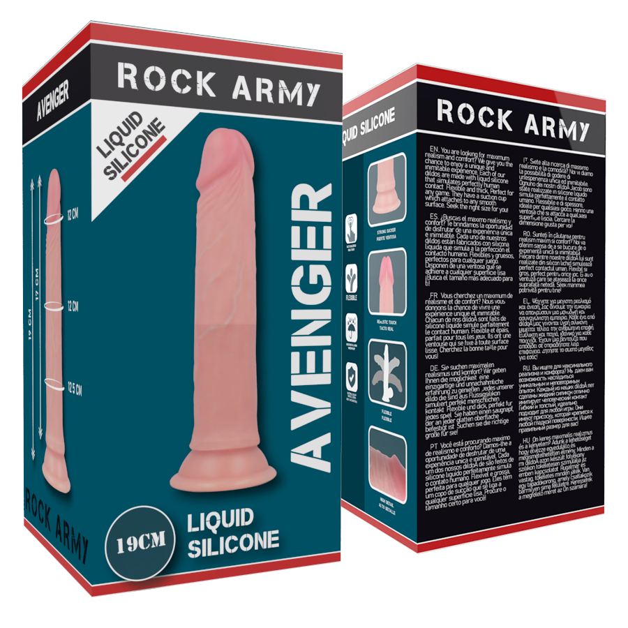Boite Rock Army Avenger Liquid Silicone 19 cm posee pres du visuel gode realiste premium. Packaging du modele silicone liquide double densite a base ventouse pour usage vaginal et anal.