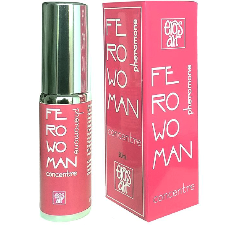 Concentre de pheromones Ferowoman sans parfum, flacon vert et boite rose assortie, quelques gouttes a porter au quotidien comme touche de seduction discrete.