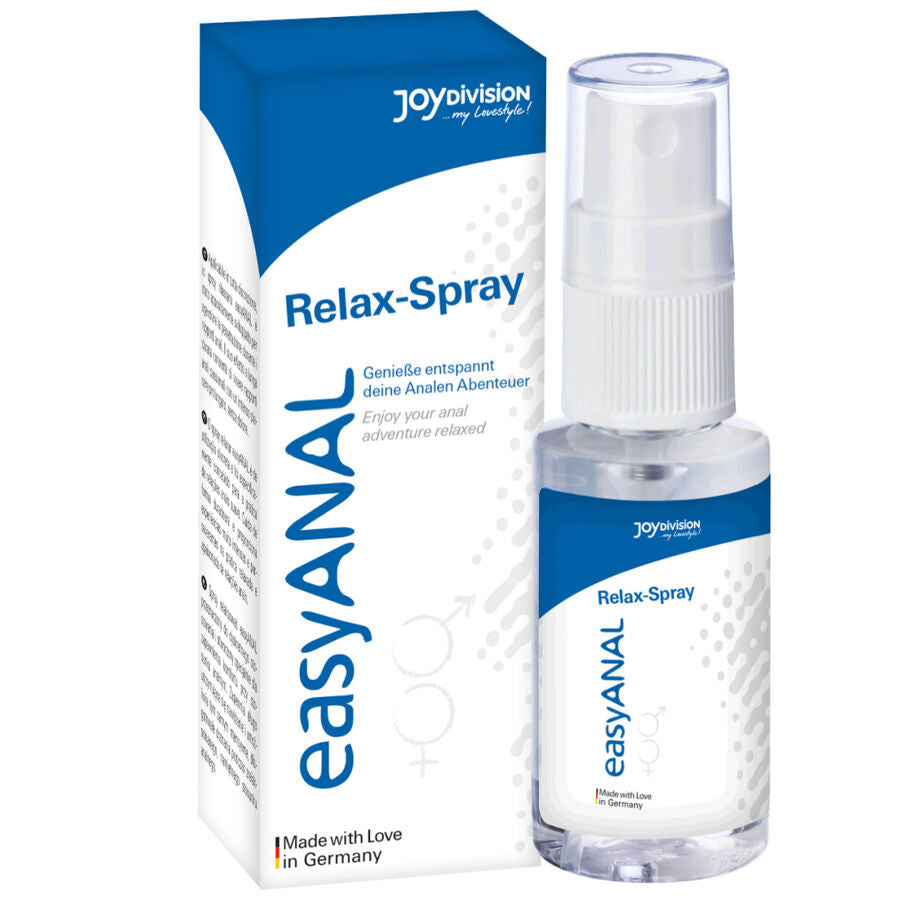 Boite et flacon easyANAL Relax-Spray base eau 30 ml Joydivision, design bleu et blanc, spray relaxant a pH equilibre compatible preservatifs pour explorer l anal en douceur