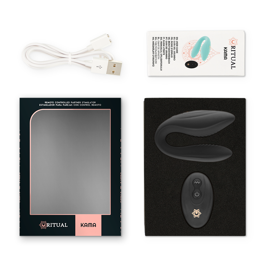 Contenu de la boite Kama noir : cable USB, notice, etui et vibrateur couple en U sur fond noir, packaging Rithual du sextoy couple telecommande