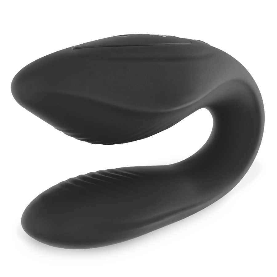 Vibrateur couple Kama noir en U vu du dessus, deux branches souples en silicone formant le creux, sextoy couple etanche rechargeable telecommande