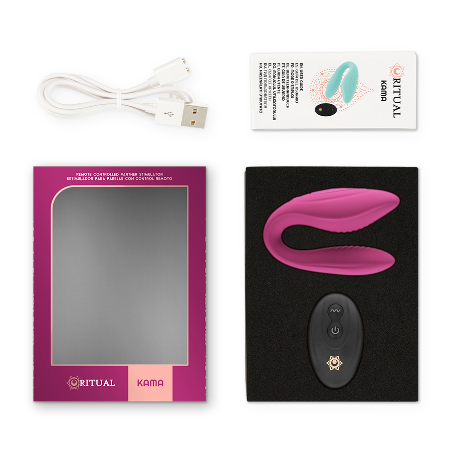 Contenu de la boite Kama fuchsia : cable USB, notice, etui et vibrateur couple rose sur fond noir, packaging Rithual du sextoy couple telecommande