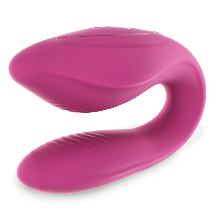 Vibrateur couple Kama fuchsia en U vu du dessus, deux branches galbees en silicone rose vif, sextoy couple etanche rechargeable telecommande Rithual