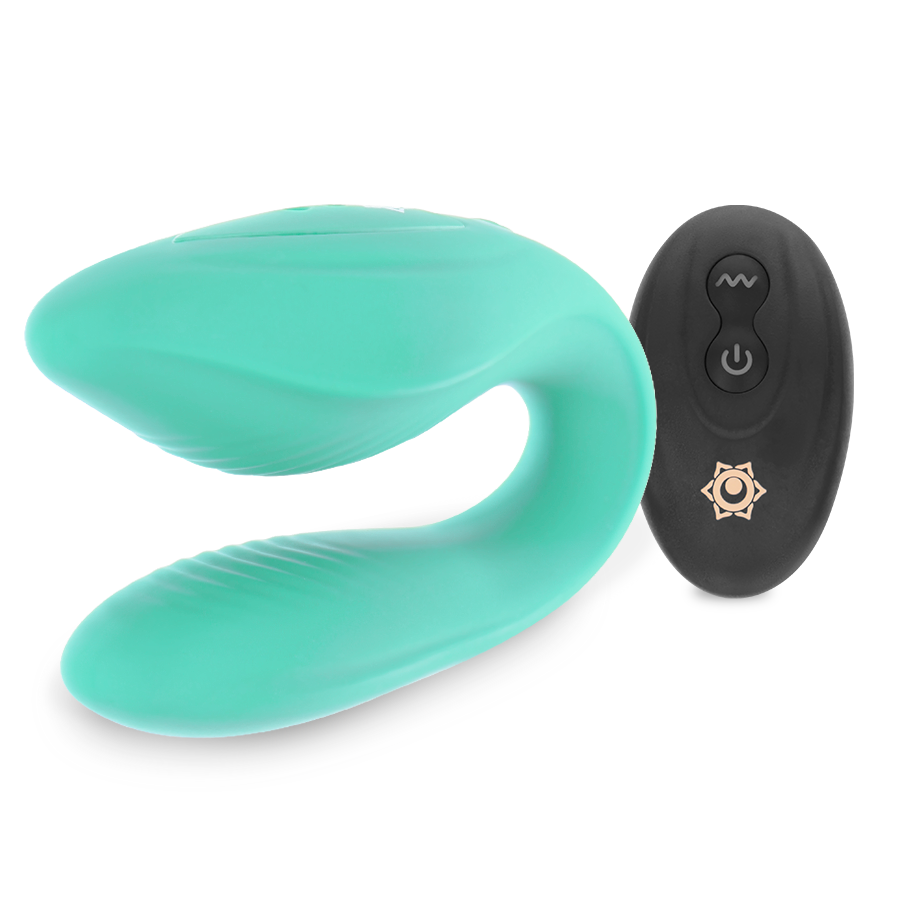 Vibrateur couple Kama vert menthe en U de trois quarts avec telecommande noire, branches souples en silicone, sextoy couple rechargeable USB Rithual