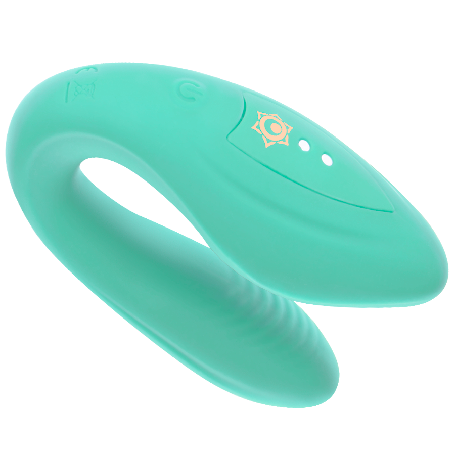 Vibrateur couple Kama vert menthe en U de profil, logo dore et boutons de commande, sextoy couple flexible en silicone 10 modes etanche