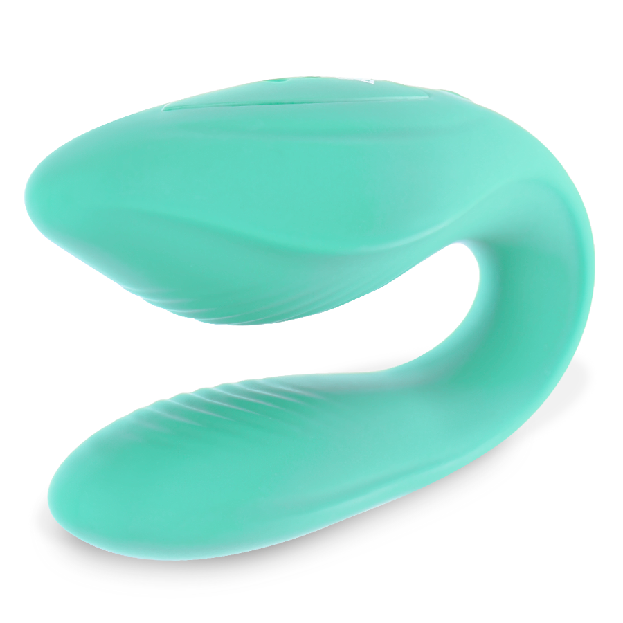 Vibrateur couple Kama vert menthe en U vu du dessus, deux branches galbees en silicone, sextoy couple etanche rechargeable telecommande Rithual