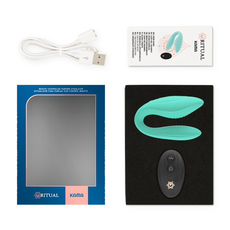 Contenu de la boite Kama vert : cable USB, notice, ecrin et vibrateur couple vert menthe sur fond noir, packaging Rithual du sextoy couple telecommande