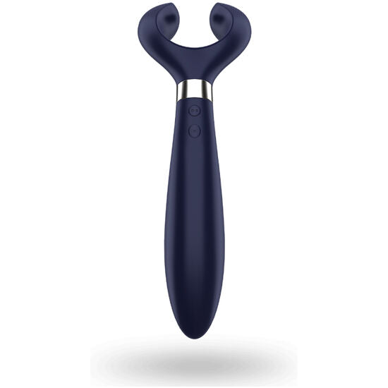 Vibromasseur multifonction Satisfyer Endless Fun bleu vu de face, bras souples en V et boutons de commande, tige en silicone a usages multiples.