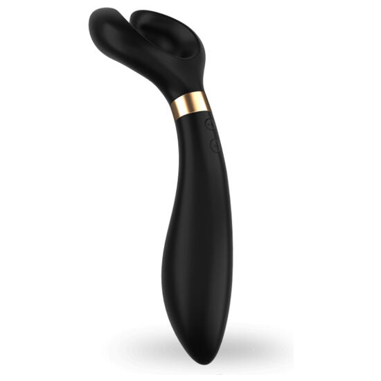 Vibromasseur Satisfyer Endless Fun bleu nuit vu de l'autre profil, bras flexibles ecartes et bague chromee, jouet polyvalent en silicone a dix programmes.