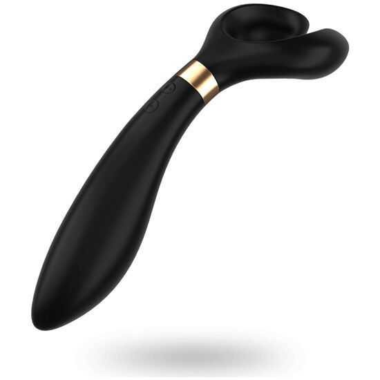 Vibromasseur Satisfyer Endless Fun bleu nuit pose a plat, bras flexibles et bague doree, tige en silicone polyvalente a trois moteurs et dix programmes.