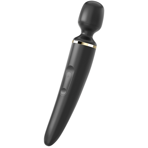 Baguette magique Satisfyer Wand-er Women noire, grand wand vibrant en silicone à tête arrondie et liseré doré, massage clitoridien puissant, rechargeable et étanche.