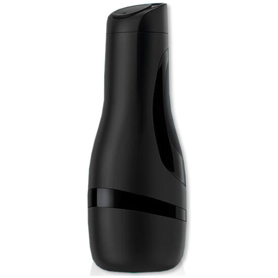 Masturbateur Satisfyer Men Classic noir vu de trois quarts arriere, boitier ferme opaque etanche, jouet pour homme avec regulateur de pression interne.