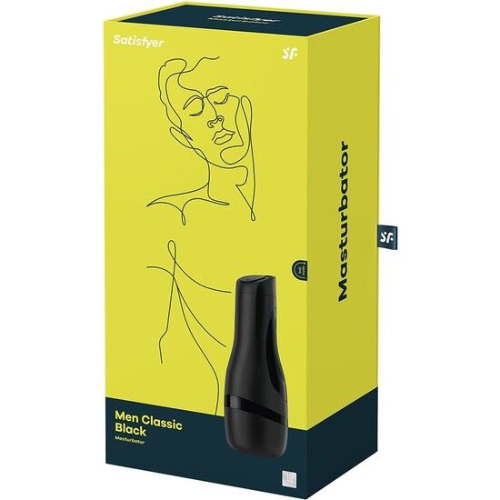 Masturbateur Satisfyer Men Classic Black devant sa boite jaune line-art, boitier noir ferme opaque, gaine interne masquee, jouet pour homme etanche.
