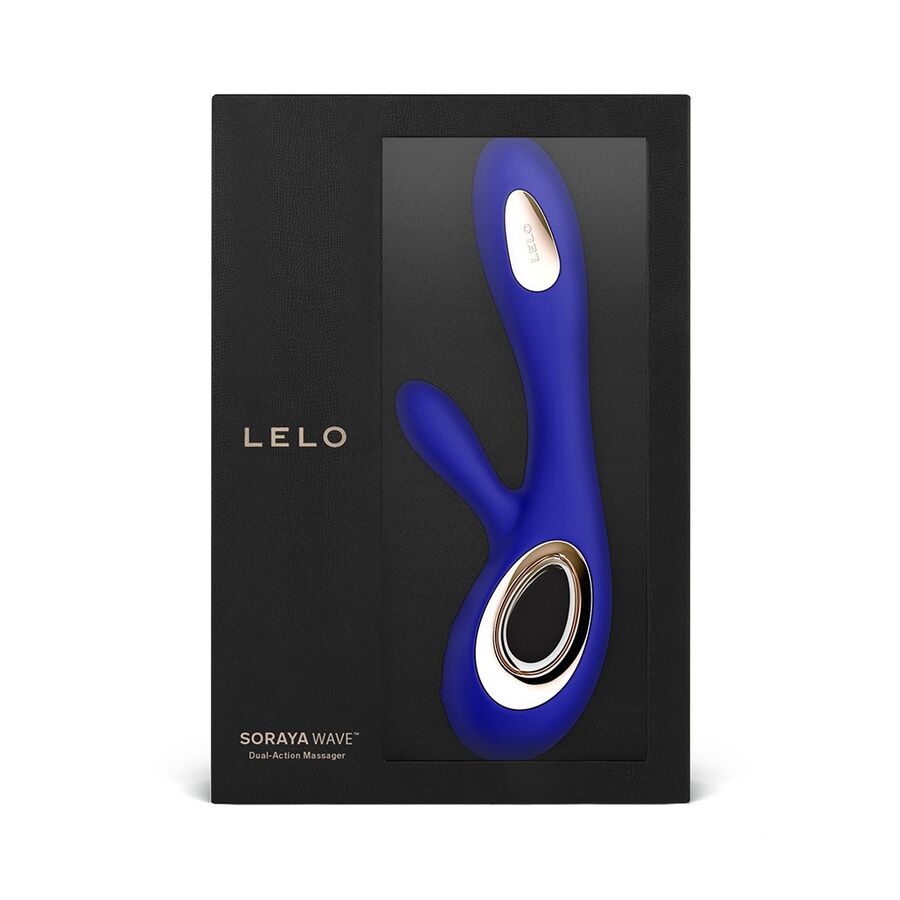 Boîte noire Soraya Wave Dual-Action Massager de Lelo présentant le vibromasseur rabbit bleu à travers sa fenêtre, modèle au mouvement berçant point G.