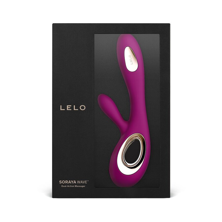 Coffret Soraya Wave de Lelo présentant le vibromasseur rabbit magenta à travers la fenêtre de la boîte noire, masseur double action point G et clitoris.